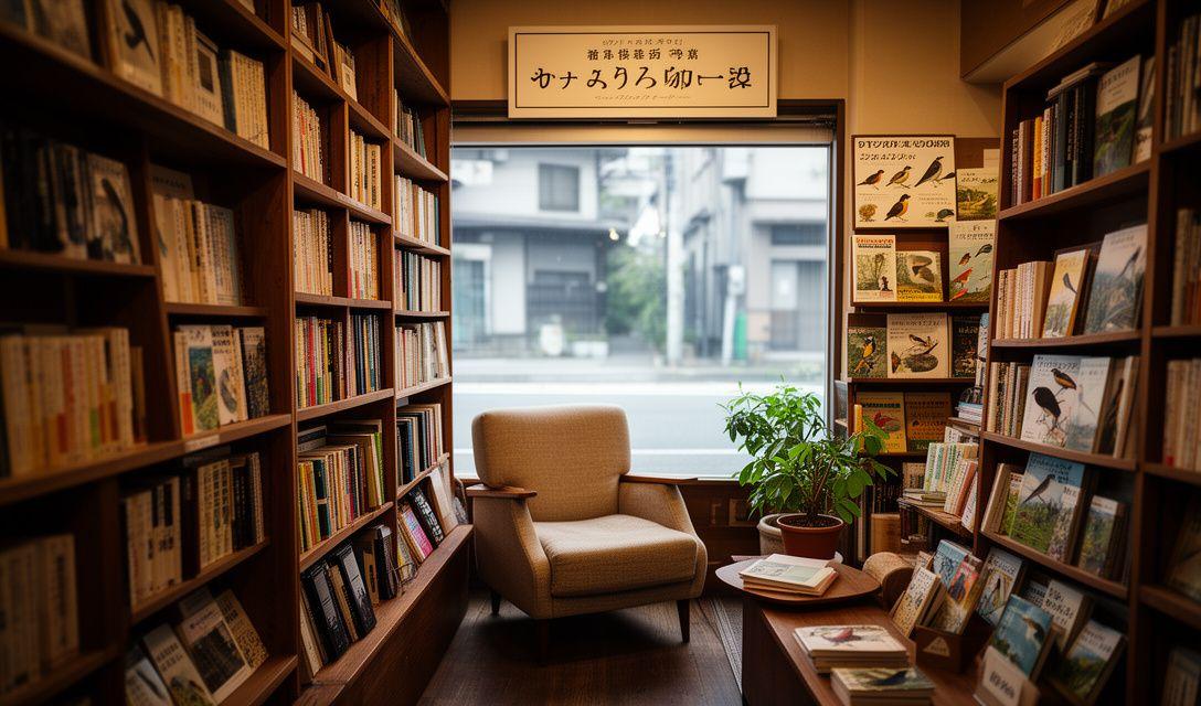 Sora Bunko-yaの書店内。柔らかな照明に照らされた木製の本棚にずらりと並ぶ書籍、手前の読書コーナーにはアームチェアと観葉植物が置かれ、奥の窓からは文京区の静かな街並みがのぞく。壁際には野鳥観察ガイドやフィールドブックの特設コーナーがある。